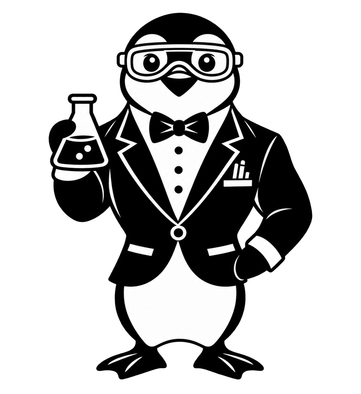 Black Tux Penguin mascot wearing a tuxedo and goggles and holding a laboratory flask